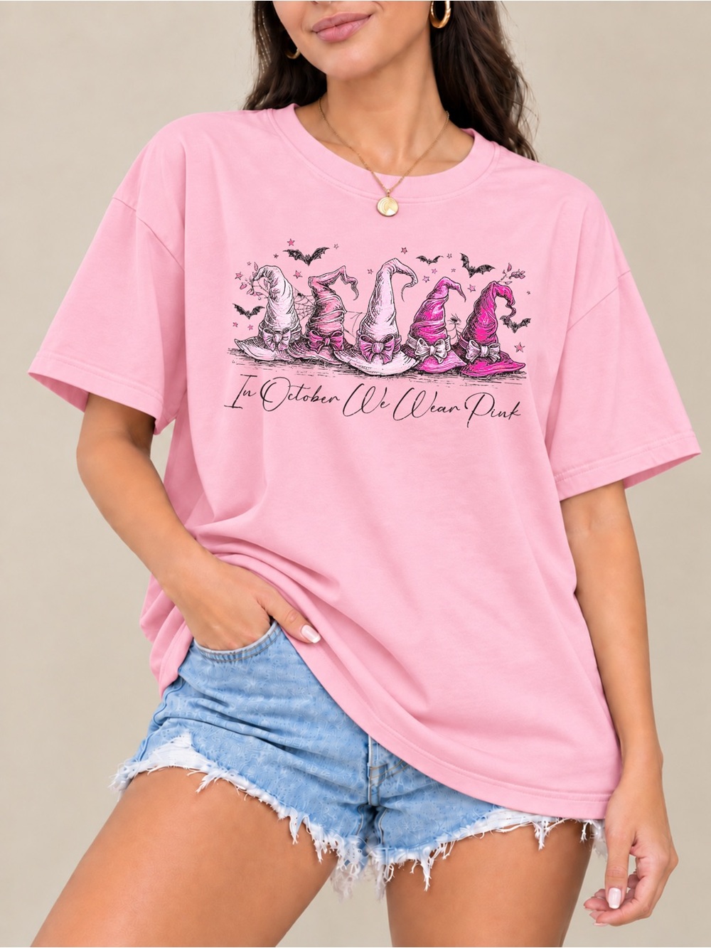 In October We Wear Pink Witch Hat Unisex T-shirt Breast Cancer Halloween Tee